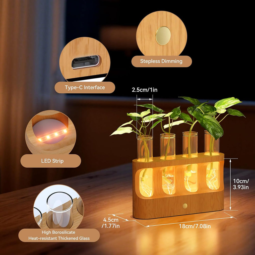 Rechargeable Plant Propagation Station with Stepless Dimming Lights | Wooden Stand, 4 Glass Test Tubes, Home Decor for
