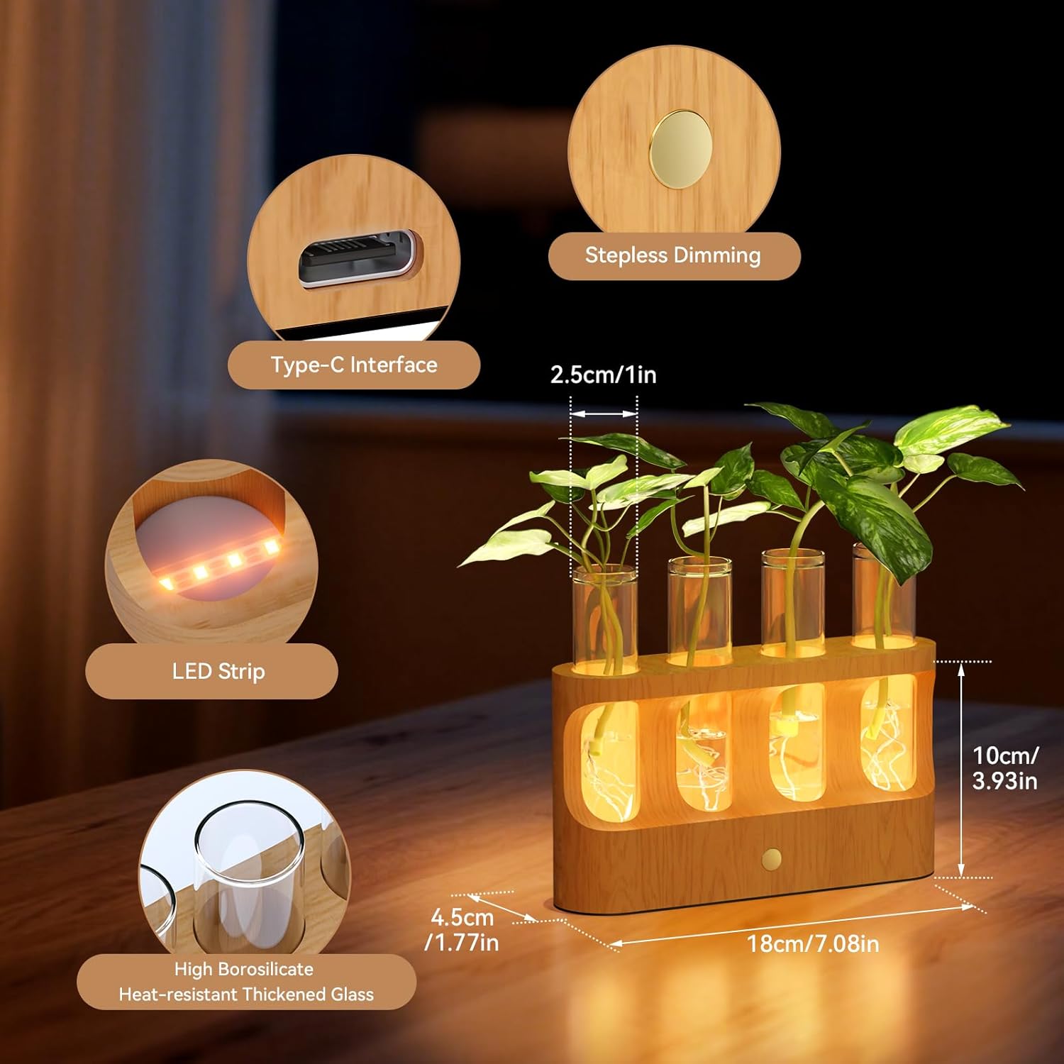 Lightalent Rechargeable Plant Propagation Station, LED Hydroponic Terrarium | Wooden Stand with 4 Glass Tubes and