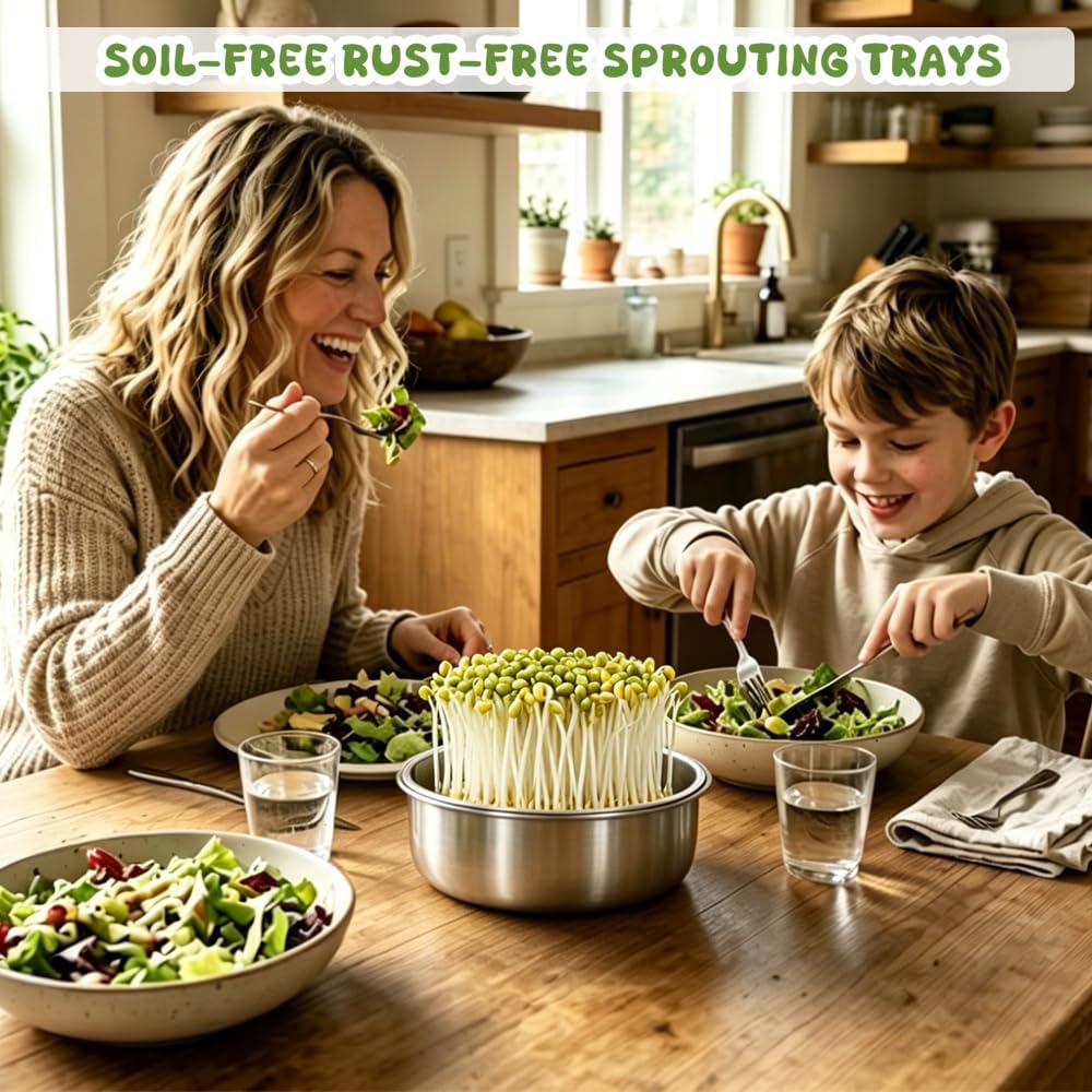 2 Pack 304 Stainless Steel Microgreens Growing Kit Seed Sprouting Trays | 2-Tier Soil-Free Rust-Free Round Seed