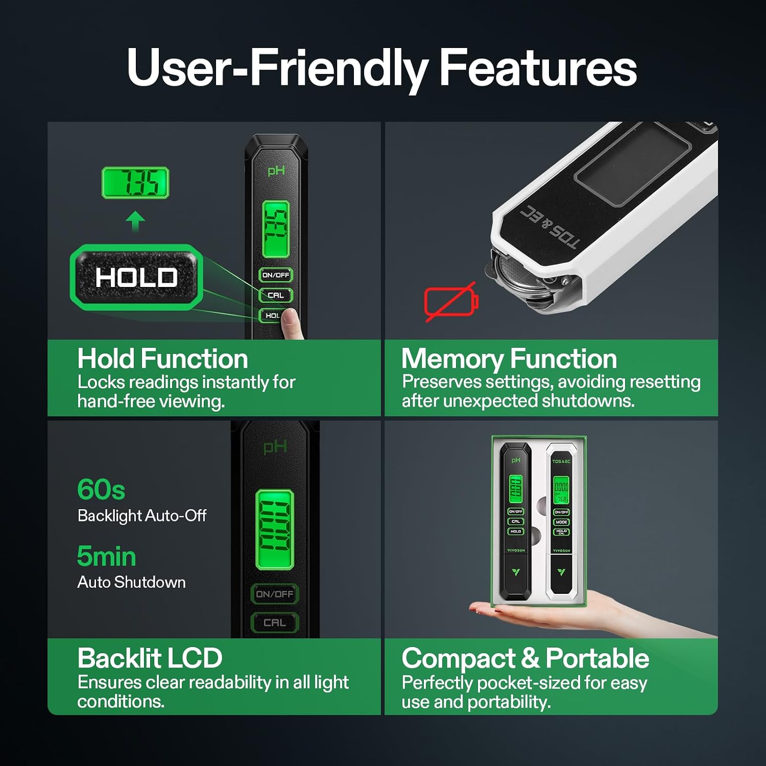 VIVOSUN Digital pH and TDS Meter Kits and Soil Tester, 3-in-1 Plant Moisture Meter Light and PH Tester for Home