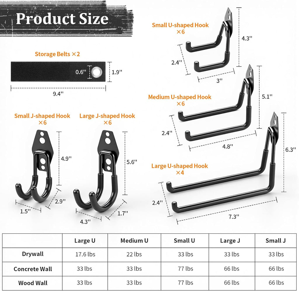 Housolution Steel Garage Hooks - 30Pack Anti-Slip Coating, Black | Wall Mount Hooks for Bikes, Garden Tools, Ladders