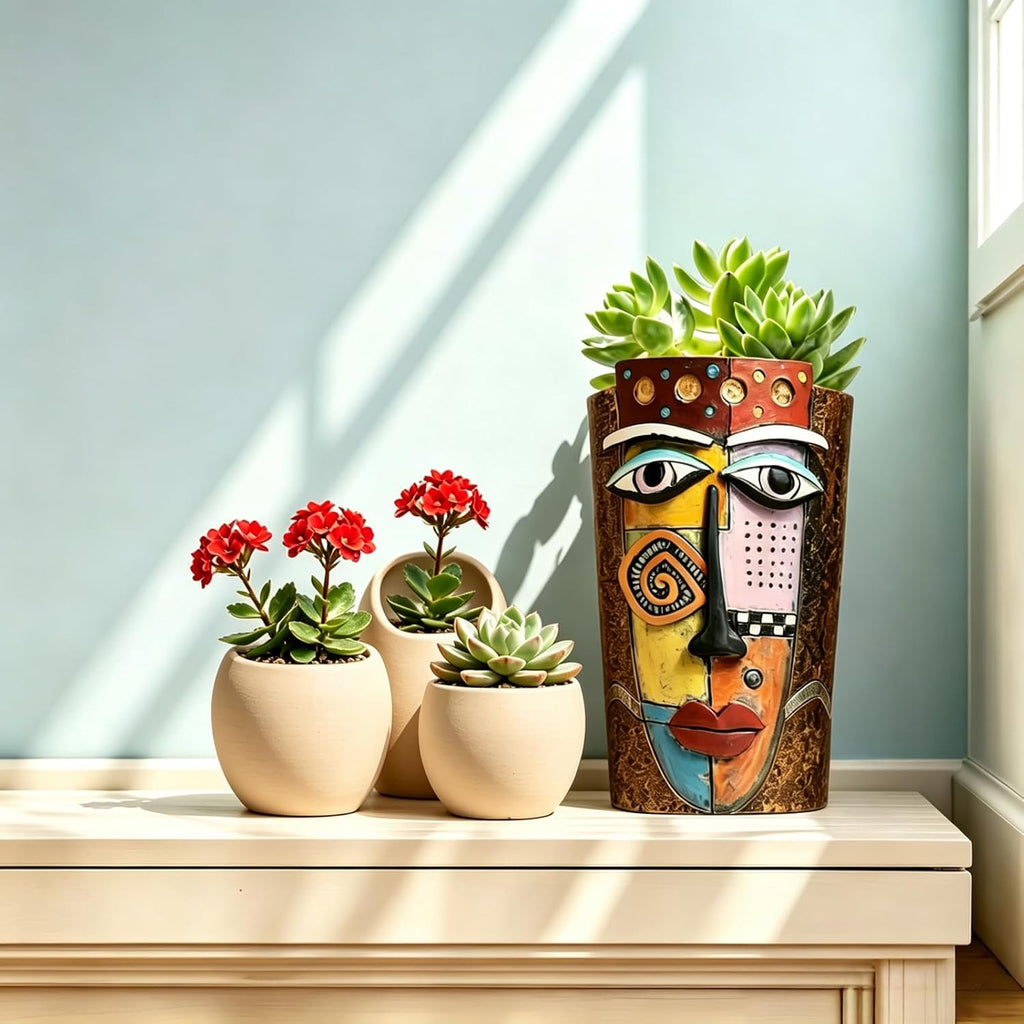 Picasso Abstract Face Planters Pots Head, Handmade Resin Planters with Drainage Holes, Decorative Succulents Brown Face
