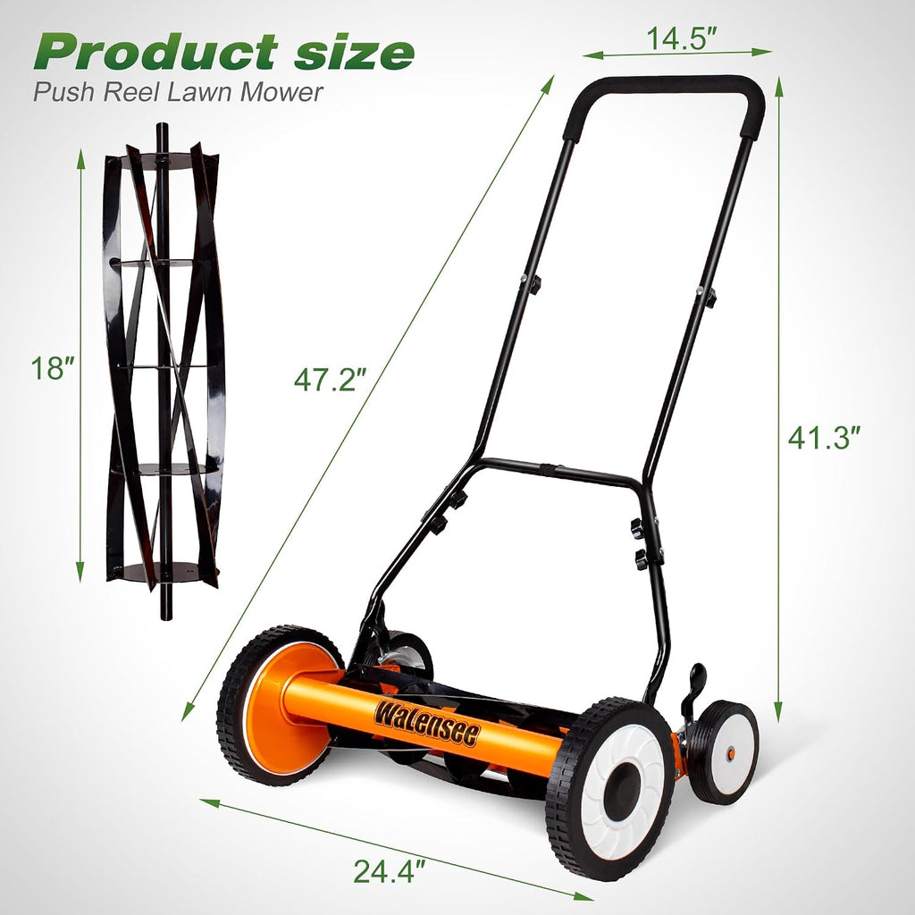 Walensee 18-Inch Manual Lawn Mower, 5-Blade Push Reel, 9 Heights | Precision-Ground Alloy-Steel Blades Deliver Clean