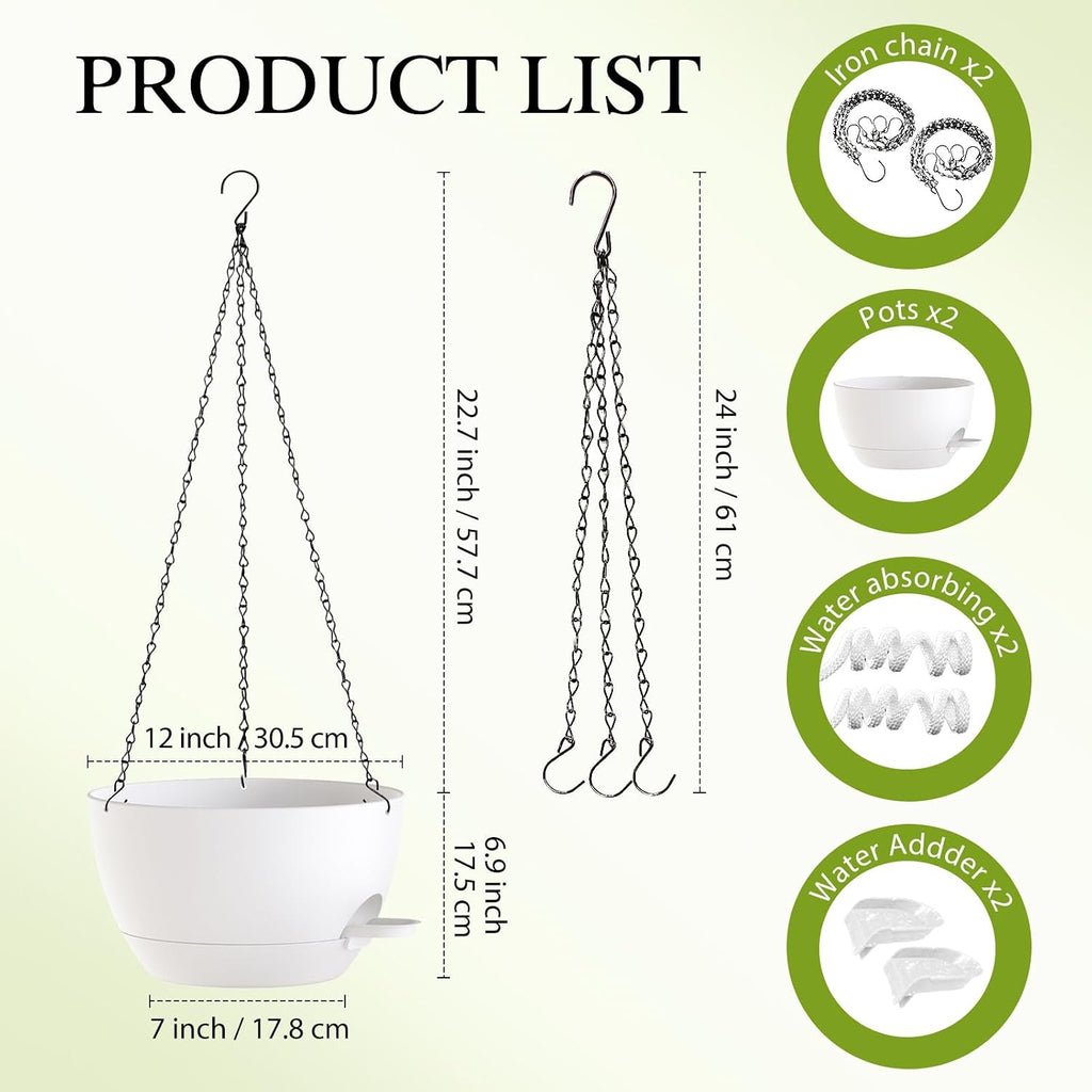 12 Inch Hanging Baskets 2 PC with Chains, Self-Watering Hanging Planters for Indoor Outdoor Plants, Plastic Hanging