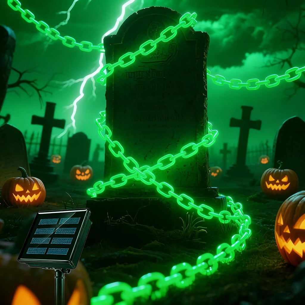Solar Halloween Decorations Outdoor, 10FT Green Chain String Lights with 8 Modes, Waterproof Halloween Lights Outdoor for Haunted House Party Cosplay Props Skeleton Dog Yard Fence