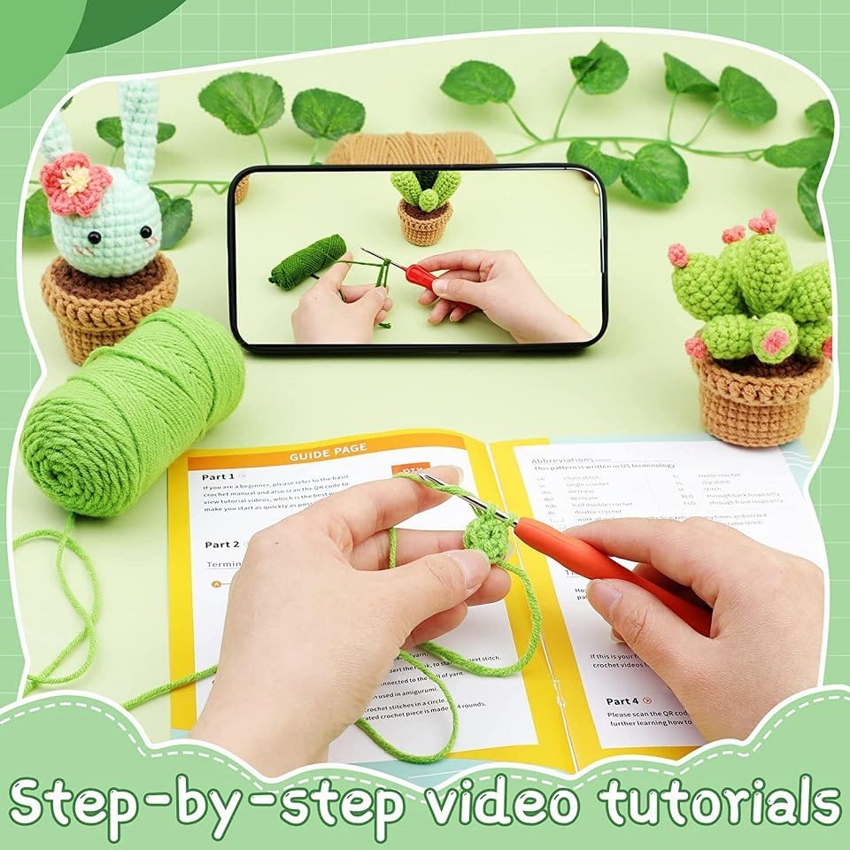 DIY Crochet Kit for Beginners, Potted Cactus Plants Set with Yarn, Hooks, Stitch Markers, Stuffing
