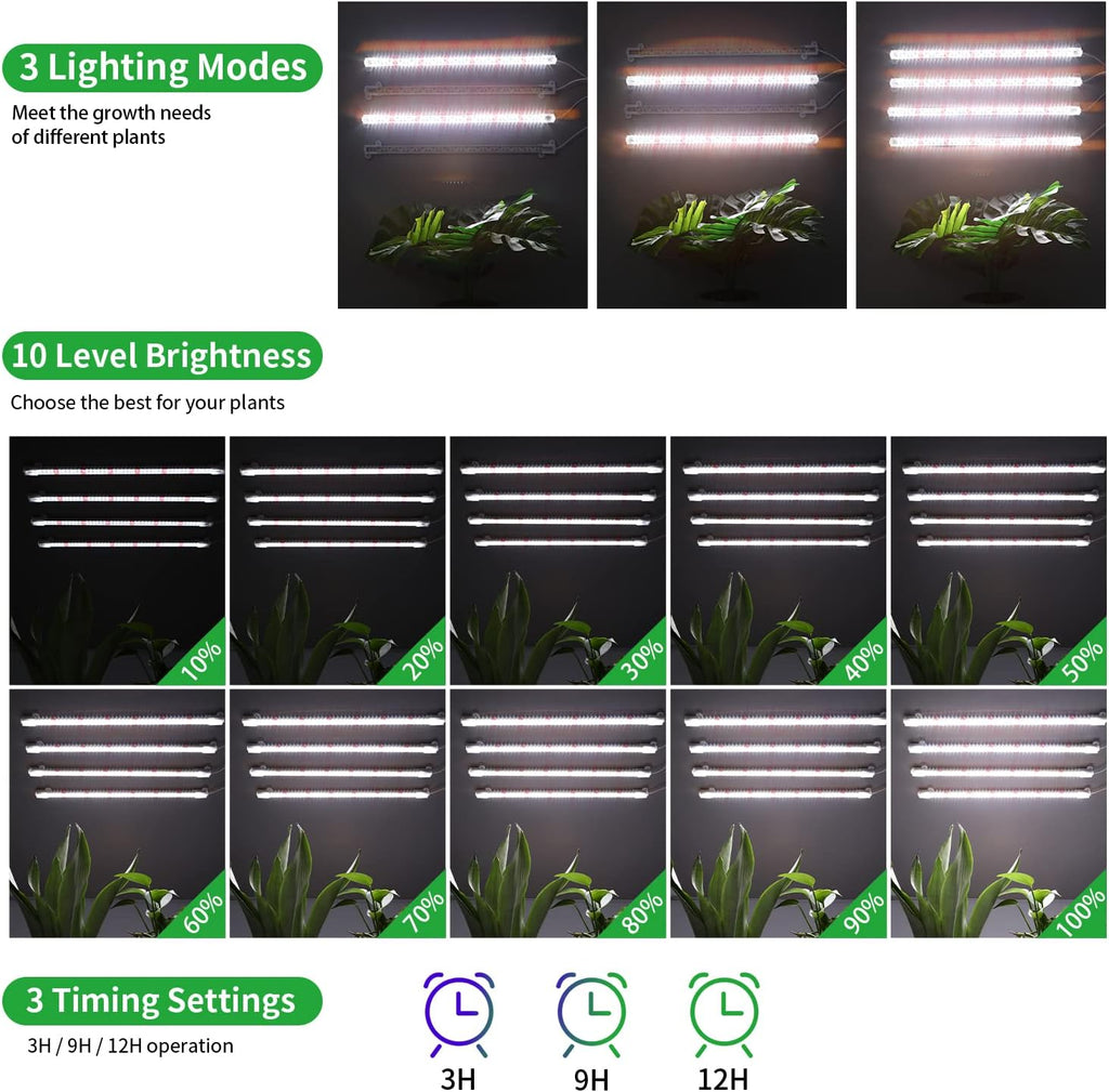 RWNTAO Grow Lights for Indoor Plants, 13" Grow Light Strips with Timer 3/9/12 H, 10 Dimmable Levels, 192 LEDs Full
