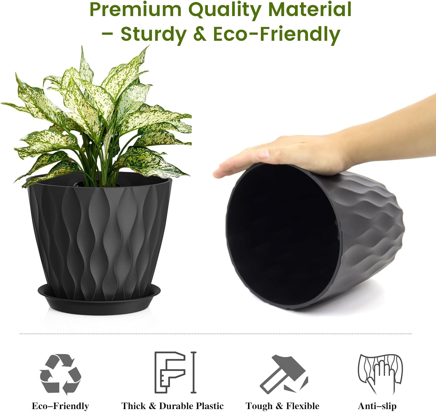 UOUZ 8 Inch Plant Pots, 4 Pack Plastic Planters for Indoor Outdoor with Drainage Holes & Saucers, Waffle Texture Flower