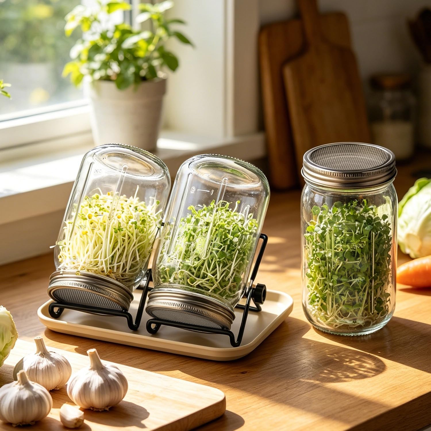 2PCS 1000ML Sprouting Jars with 86mm Wide Mouth Mason Jar with Stainless Steel Screen Sprout Lids,3.7X6.5 inches