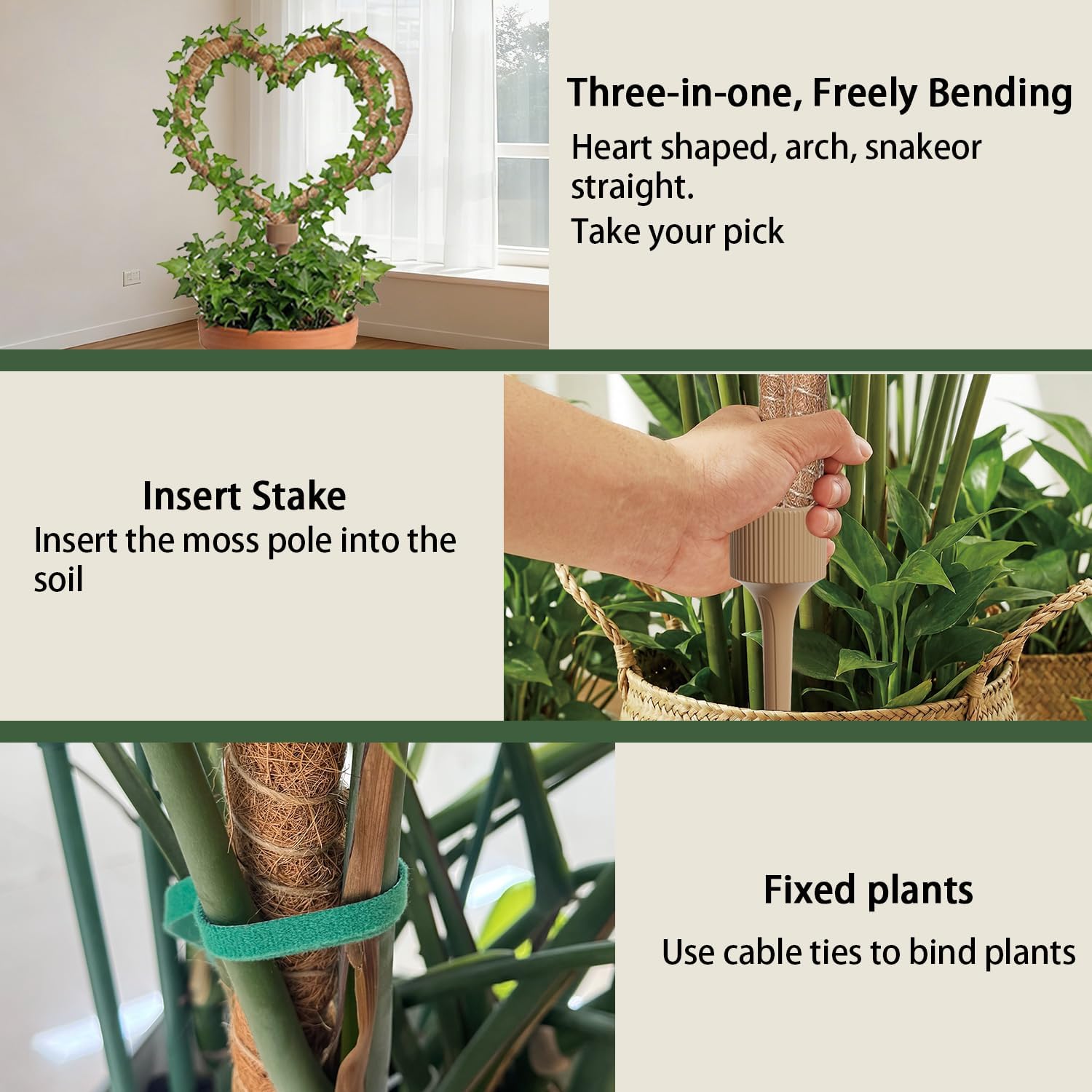 3 Moss Poles in 1, 30IN Tall Bendable Monstera Plant Support-2 Pack | 3 Integrated Coir Pole for Indoor Plants, Moss