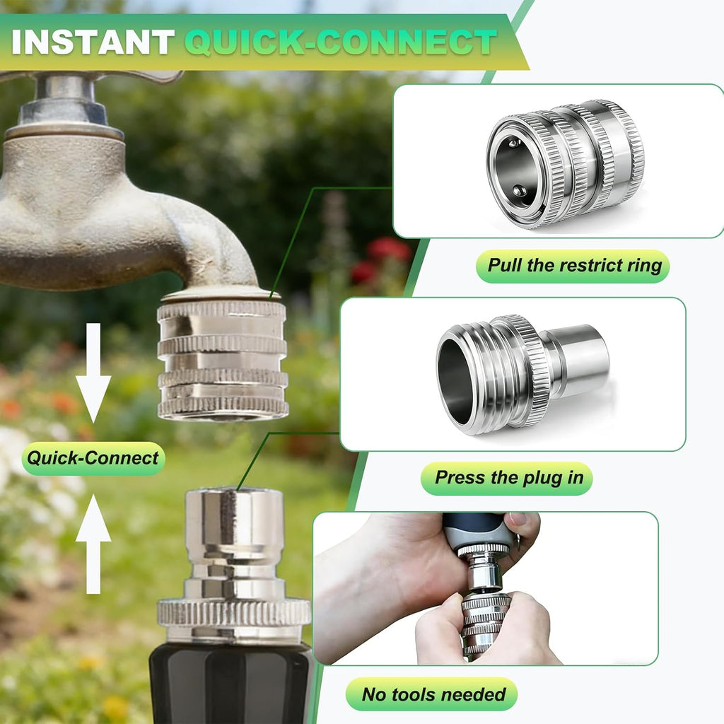 5 Sets 3/4 GHT Stainless Steel Garden Hose Quick Connect Fittings Set | 5 Female Couplers & 5 Male Adapters
