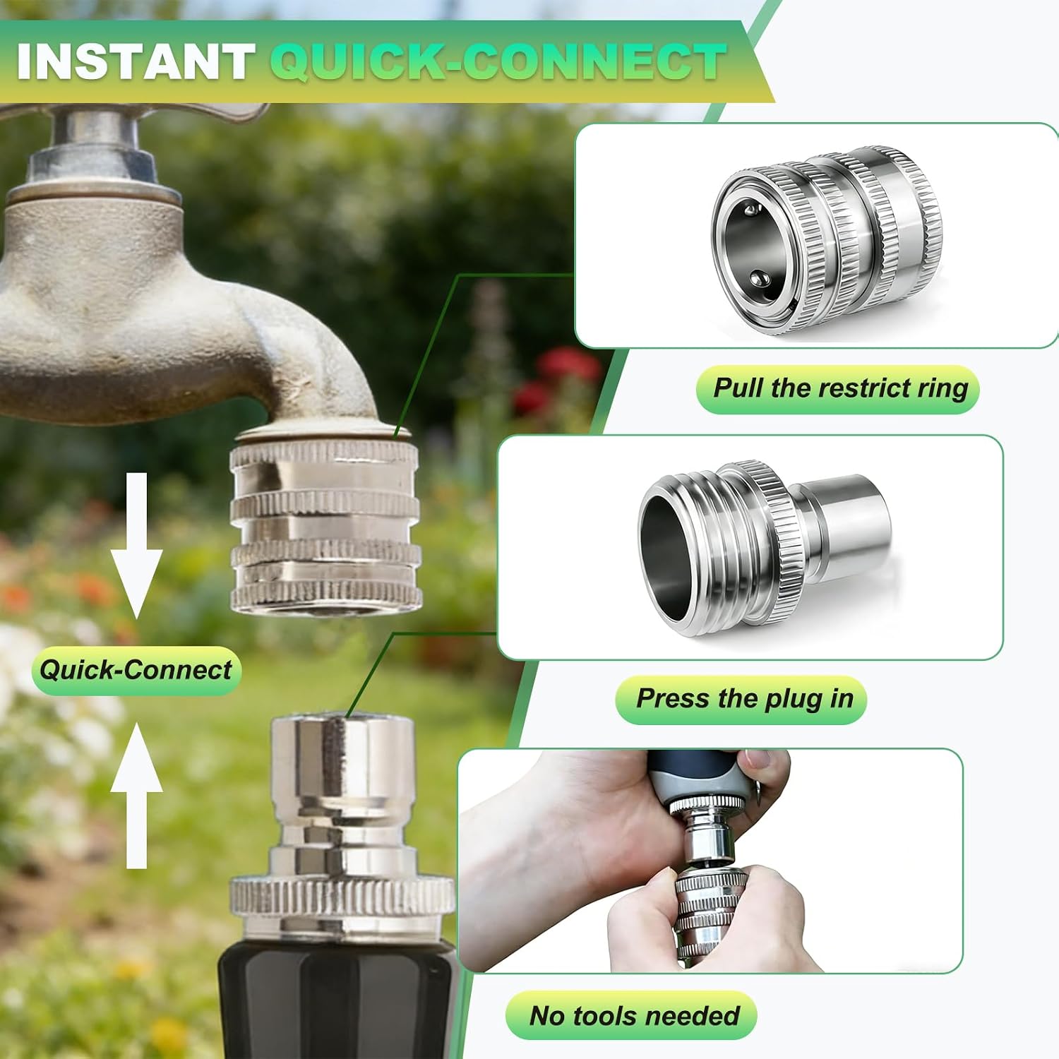 5 Sets 3/4 GHT Stainless Steel Garden Hose Quick Connect Fittings Set | 5 Female Couplers & 5 Male Adapters