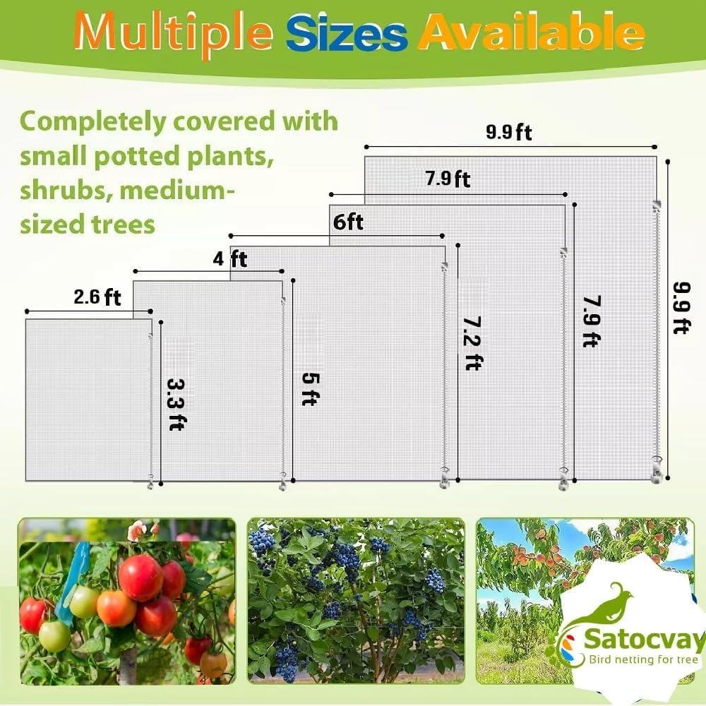 Fruit Tree Netting with Drawstring & Zipper - 4 Pack 10×10 FT - Reusable Plant Protection Bag, Heavy Duty PE Mesh Cover