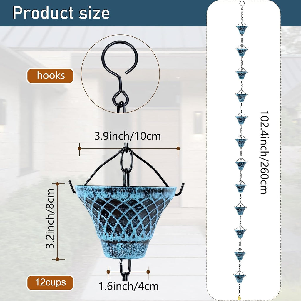 UBasic 8.5FT Rain Chain, Decorative Metal Cup Rainwater Diverter for Gutter Downspout, Outdoor Garden Yard Decor (Blue)