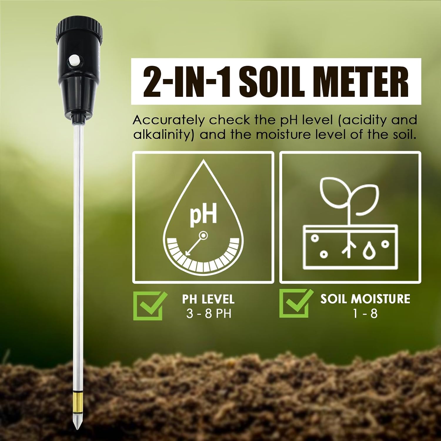 2-in-1 Soil PH Meter Digital Soil pH Moisture Sensor Meter | 295mm Long Electrode Ph Checker and Humidity Test