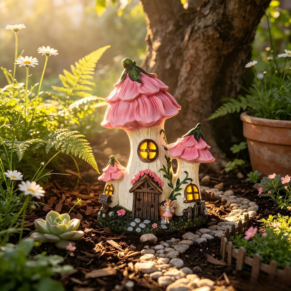Mushroom Fairy House, Resin Pink Fairy Garden Statue, Outdoor Garden Decor for Patio Lawn, Fairy Door Accents for