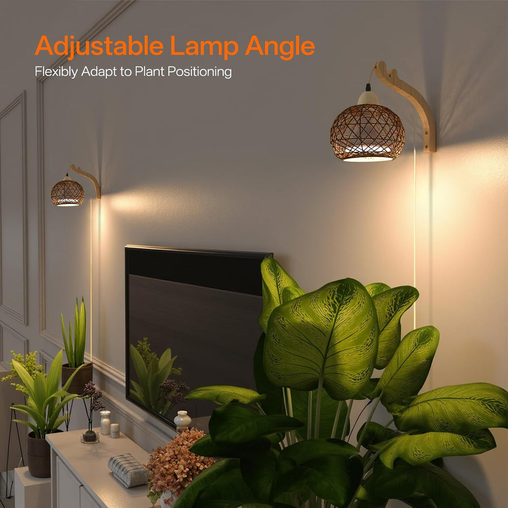 Hanging Grow Lights for Indoor Plants,3800K | 18W Wall-Mounted Decorative Grow Light with Boho Rattan Lantern Shade