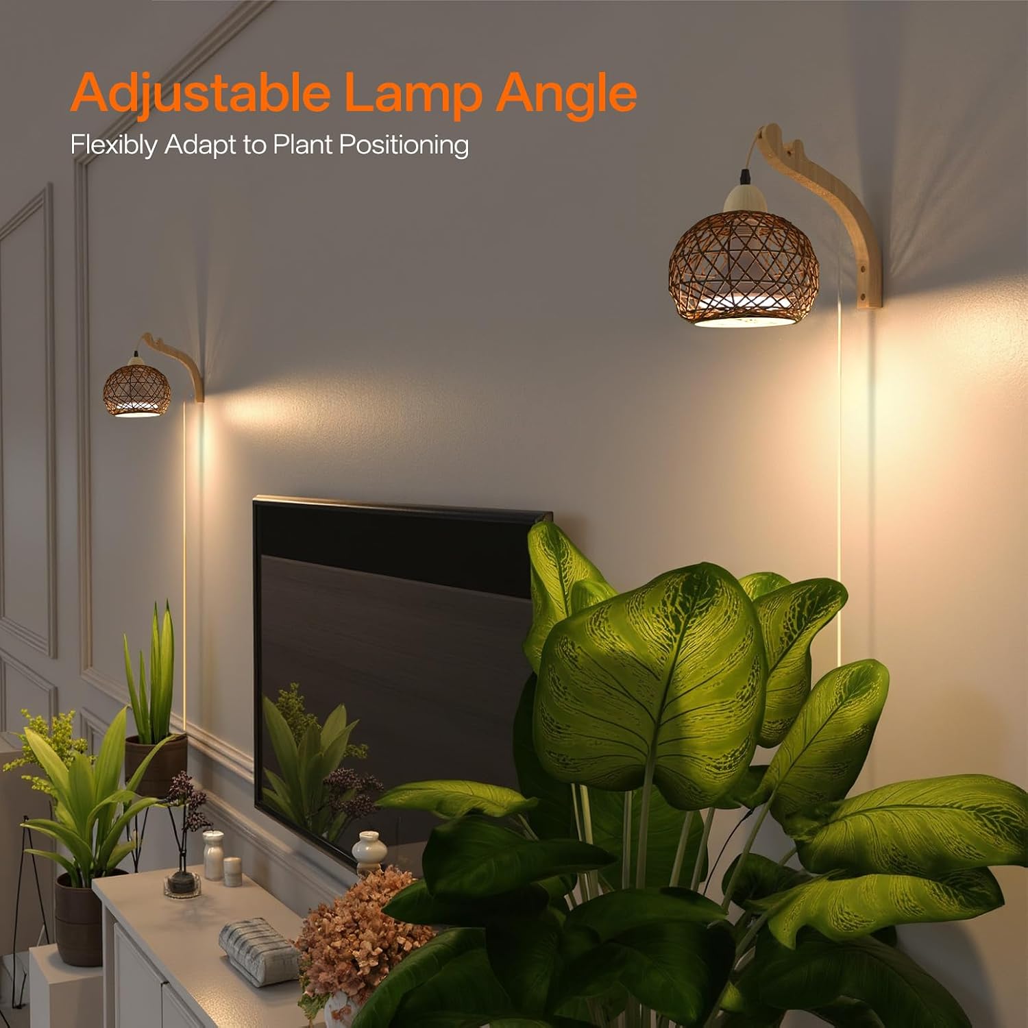 Hanging Grow Lights for Indoor Plants,3800K | 18W Wall-Mounted Decorative Grow Light with Boho Rattan Lantern Shade