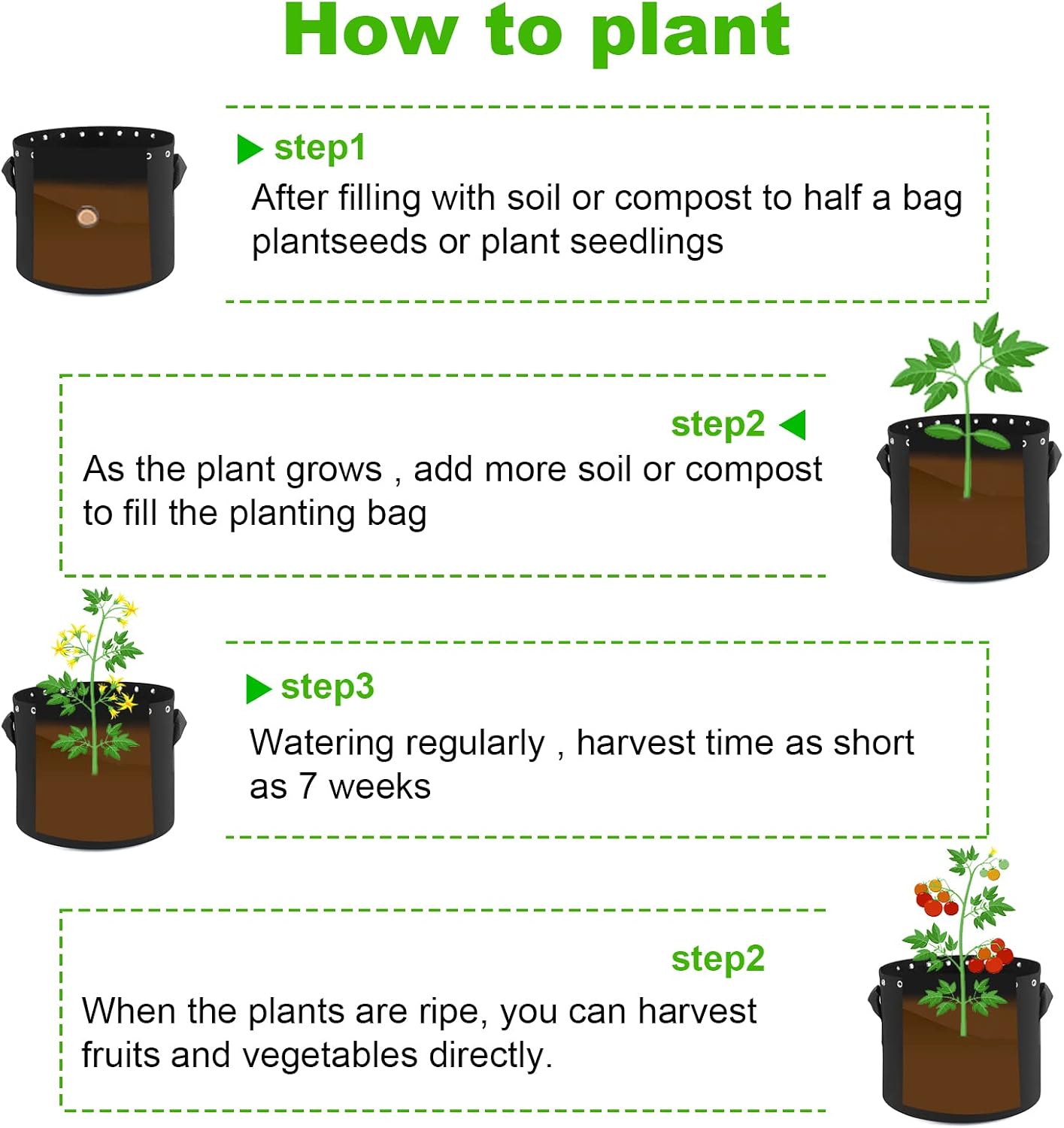 5 Gallon Plant Grow Bags with Holes 5-Packs. | Thichkened Non-Woven Aeration Fabric Pots with Handles - Reinforced