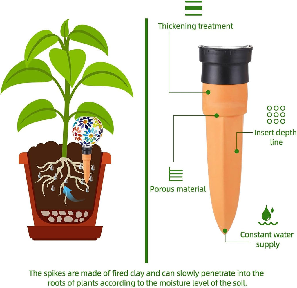 VOREEN Mosaic Glass Plant Watering Globes 2 Pack 500ml with Terracotta Spikes, Handmade Self-Watering Stakes for