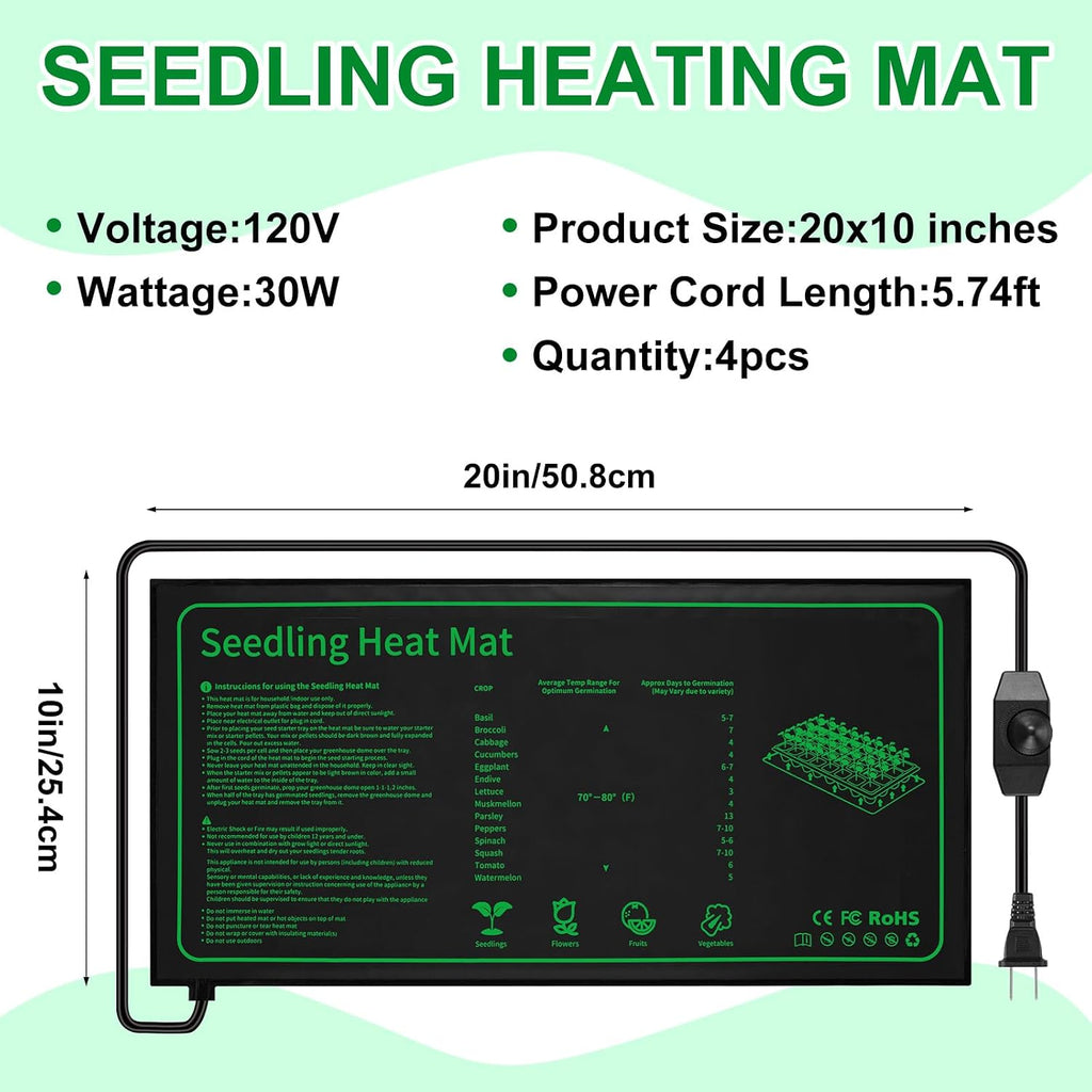 Ganeen 4 Pack Seedling Heat Mat for Seed Starting with Temperature Adjustable Knob 10" x 20" Waterproof Heating Pad for