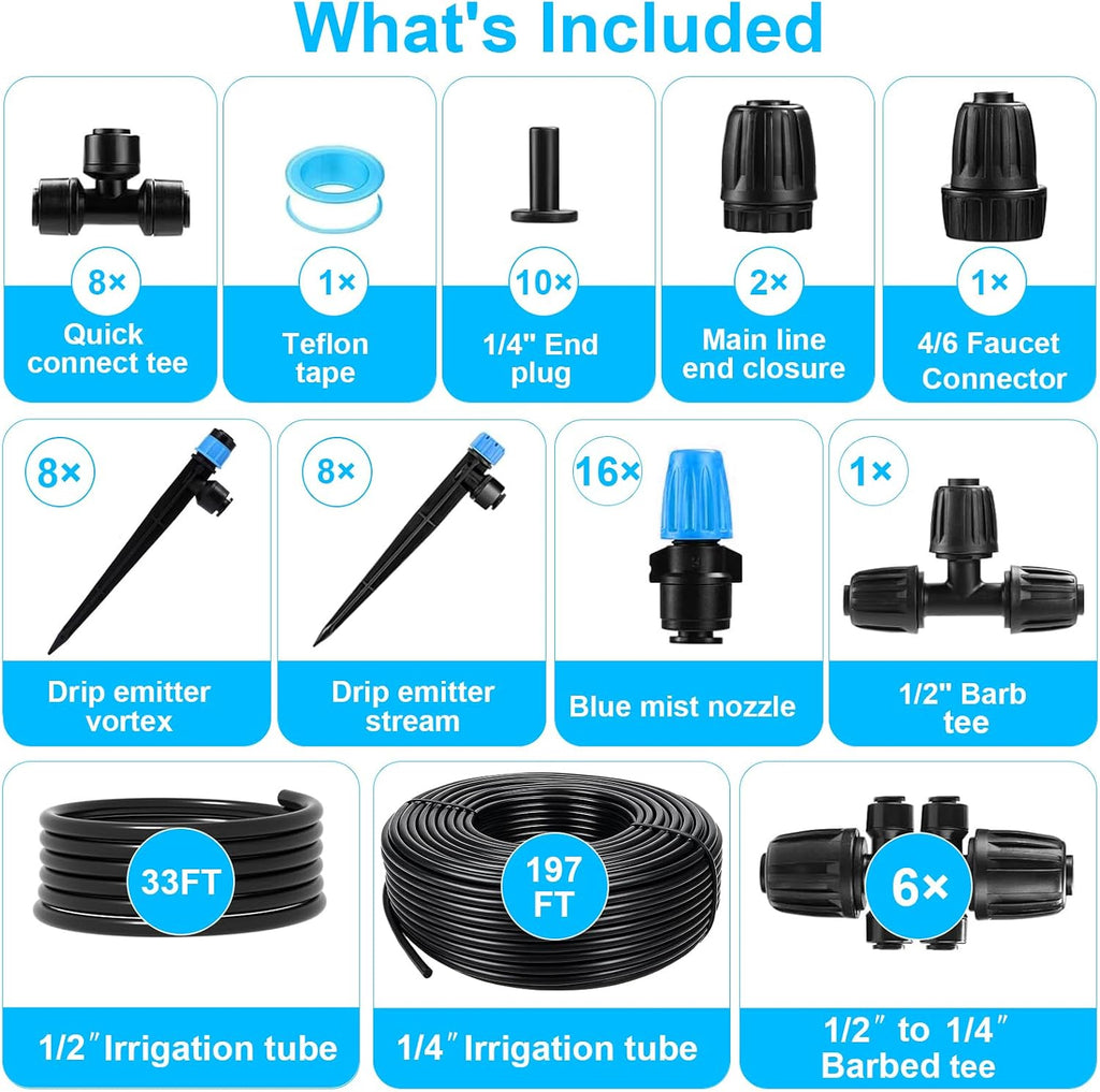230FT Drip Irrigation System with 1/4" & 1/2" Tubing | Automatic Garden Watering System, Adjustable Spray Nozzles &