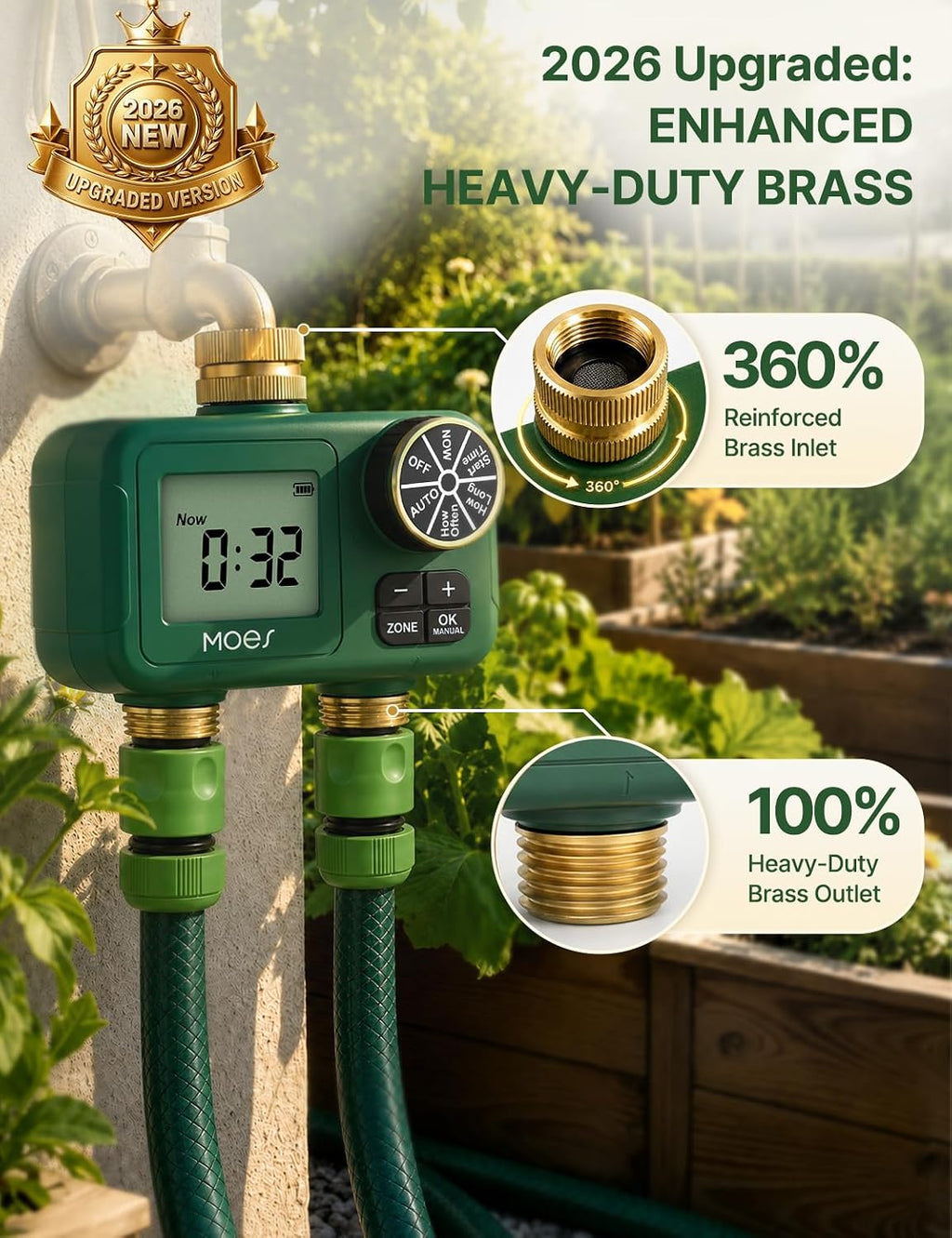 MOES 2-Zone Water Timer for Garden Lawn Hose, Brass 3/4 Inlet & Outlets | Independent Dual-Outlet Sprinkler Timer