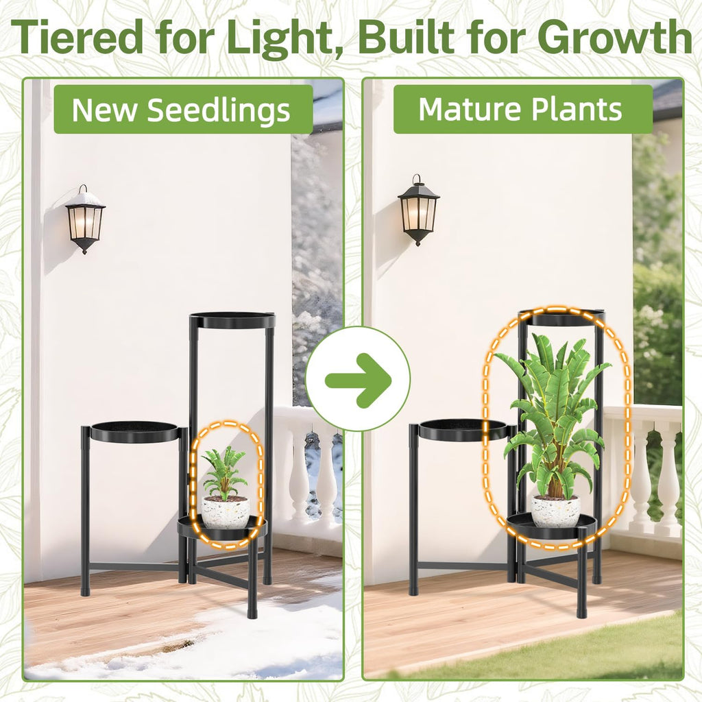 iDavosic.ly Plant Stand Indoor Outdoor, 3 Tier Metal Corner Shelf, Black | Tiered Flower Display Holder, Folding Multi