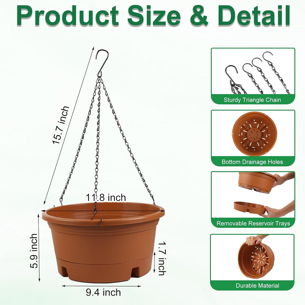 4 Pack 12 Inch Large Plastic Hanging Planters for Outdoor Plants | Plastic Hanging Basket Pots with Drainage Trays &