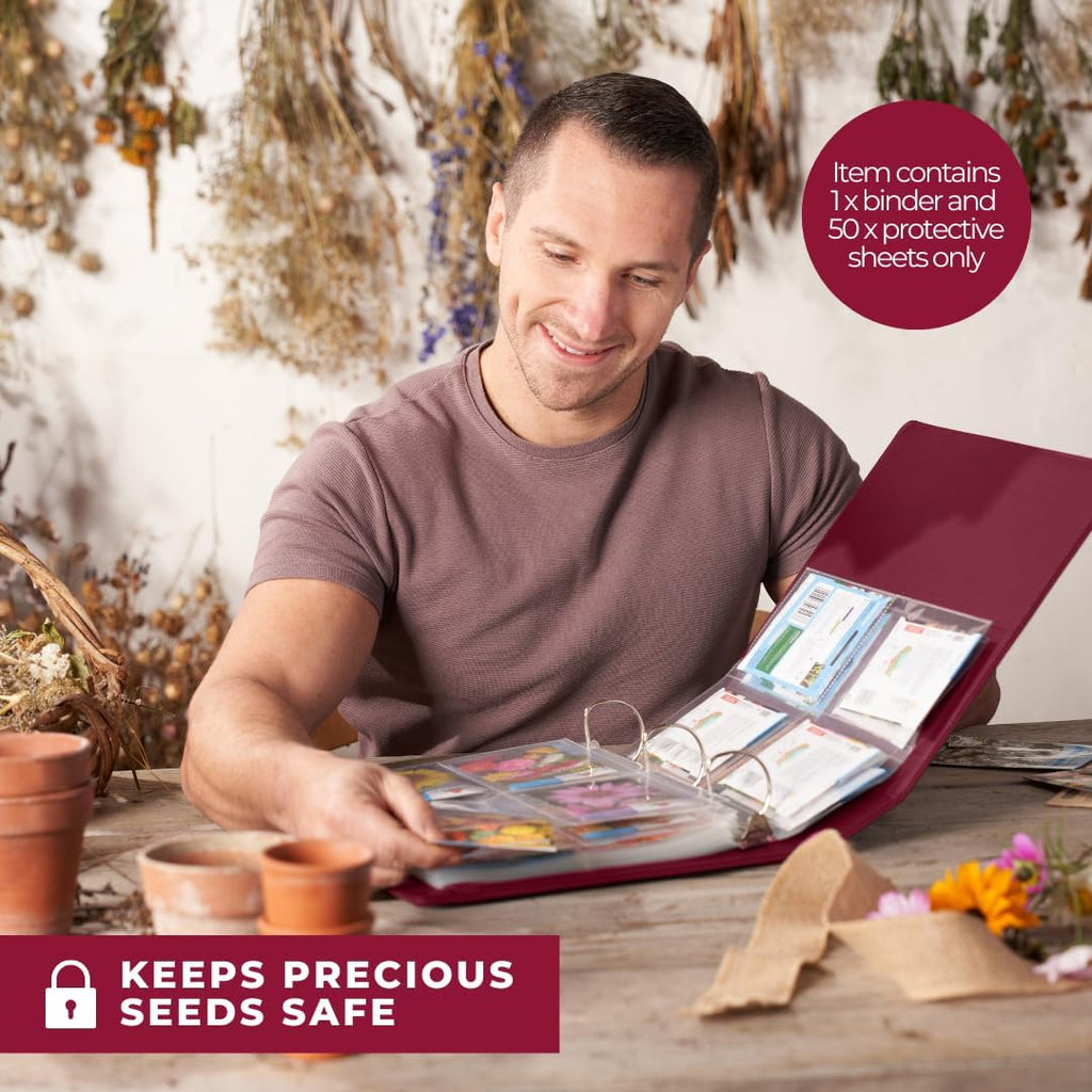 Wildgoose Seed Binder - Seed Packet Organizer, Storage Book, Raspberry | 50 sheet protectors hold 200 envelopes, garden