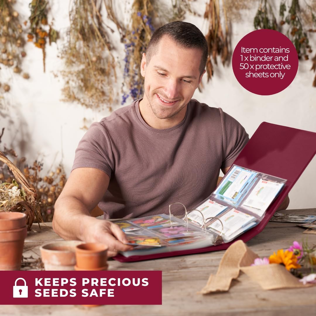 Wildgoose Seed Binder - Seed Packet Organizer, Storage Book, Raspberry | 50 sheet protectors hold 200 envelopes, garden
