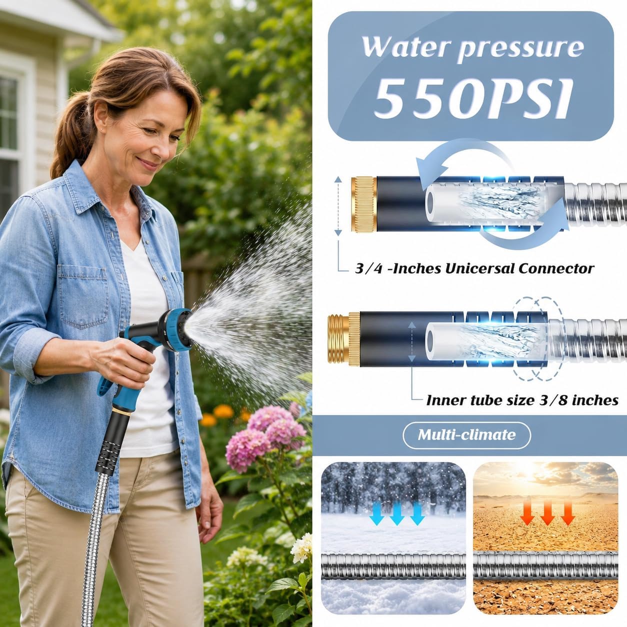 Garden Hose 100ft, Metal Water Hose Kink-Free Flexible Stainless Steel Hose | Heavy Duty Abrasion Resistant Leakproof
