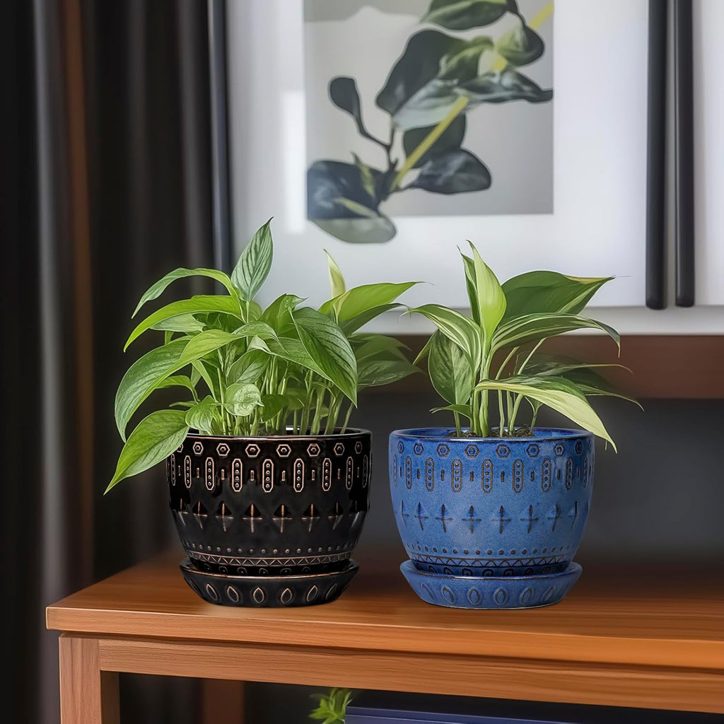G EPGardening Ceramic Pot for Plants 5.5 Inch - Ceramic Plant Pot Indoor with Drainage Hole and Saucer, Round Boho