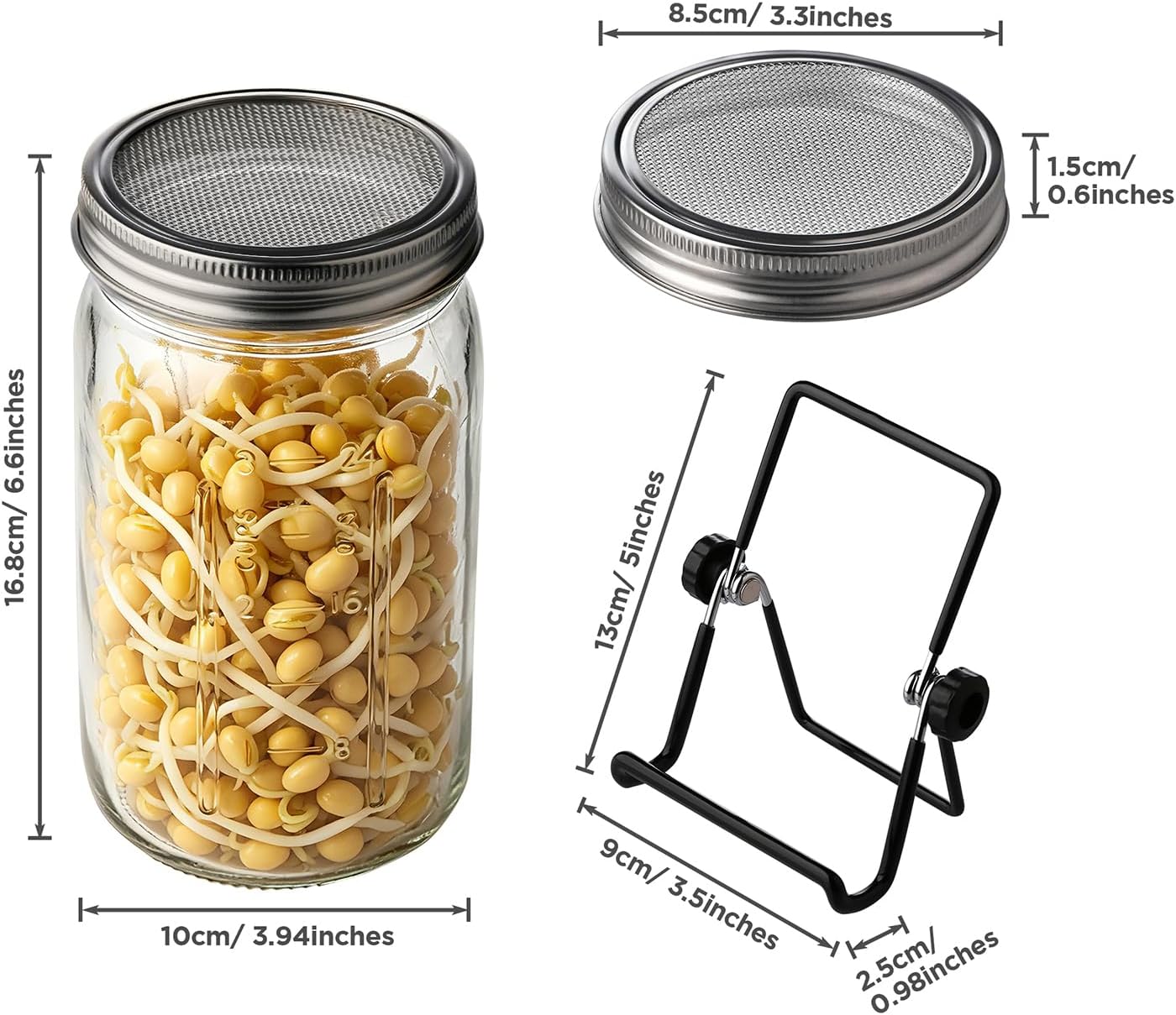 2PCS 1000ML Sprouting Jars with 86mm Wide Mouth Mason Jar with Stainless Steel Screen Sprout Lids,3.7X6.5 inches