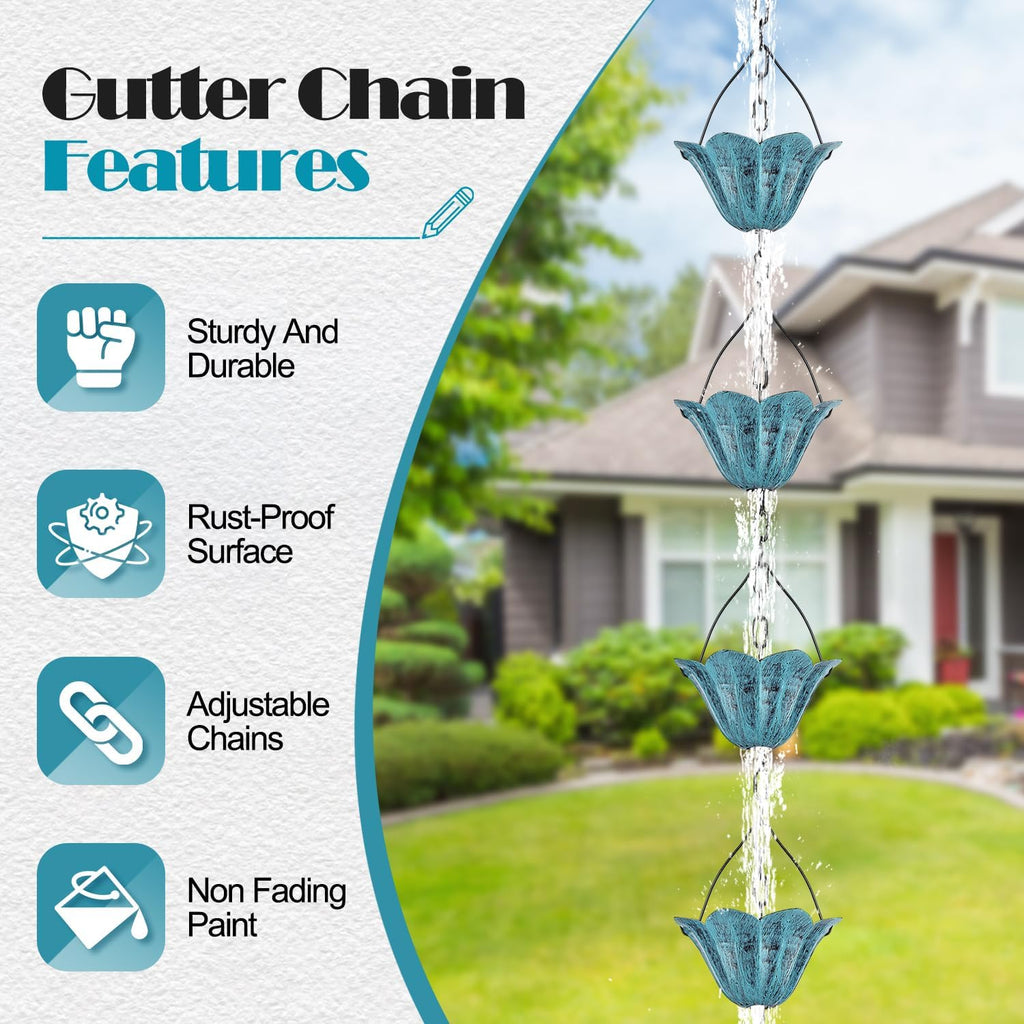 8.5 FT Tulip Rain Chain with 12 Cups for Gutters Downspouts Outside | Metal Material, Large Flower Opening to Avoid