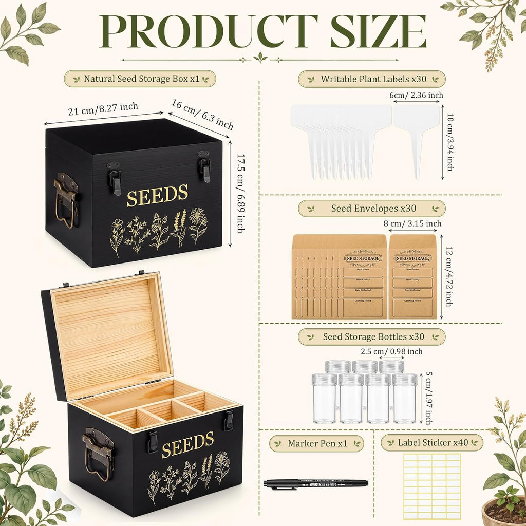 Bamboo Wood Seed Storage Organizer Box with 30 Slot & Envelopes & Labels, 40 Stickers and Pen, Seed Saving Box with Lid