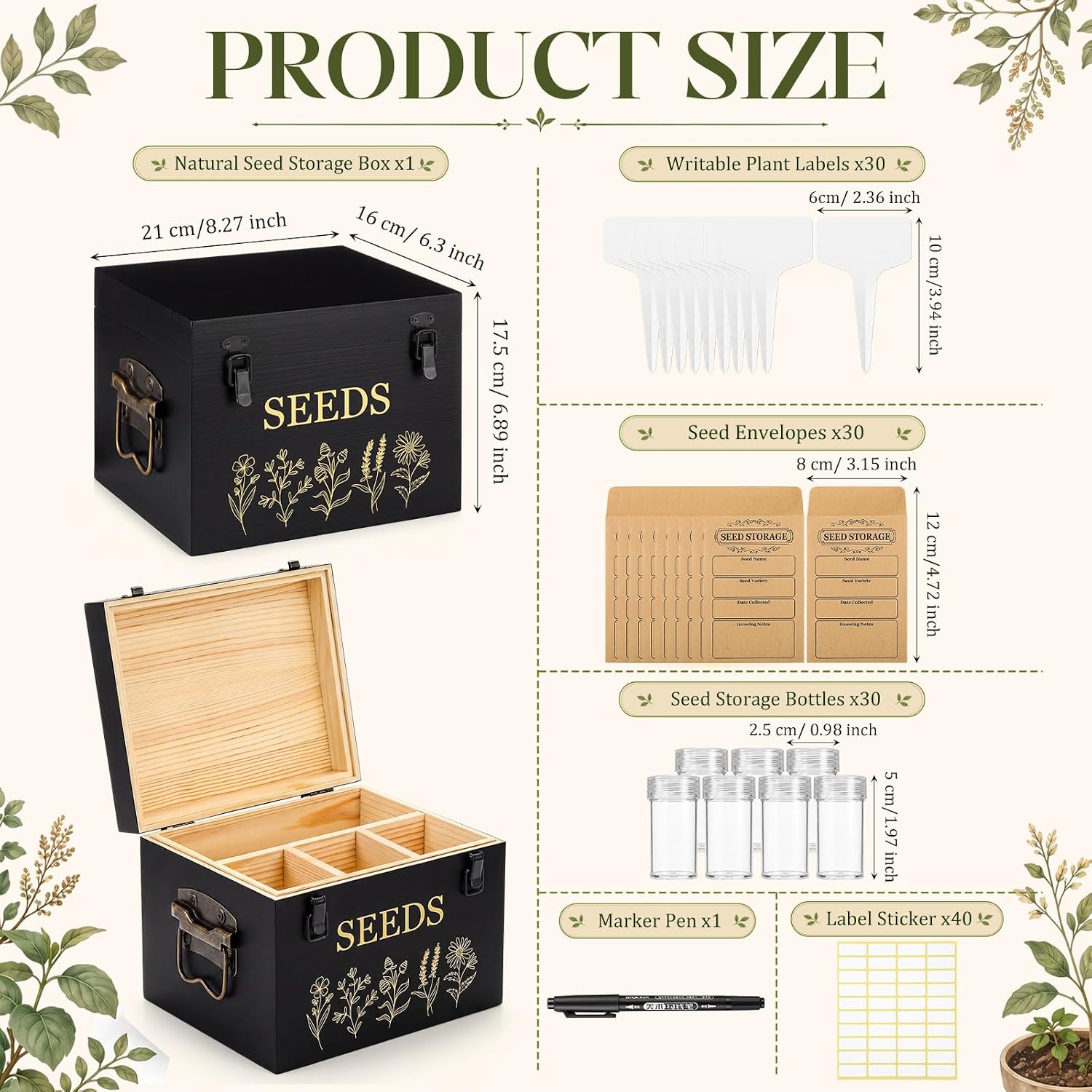 Bamboo Wood Seed Storage Organizer Box with 30 Slot & Envelopes & Labels, 40 Stickers and Pen, Seed Saving Box with Lid