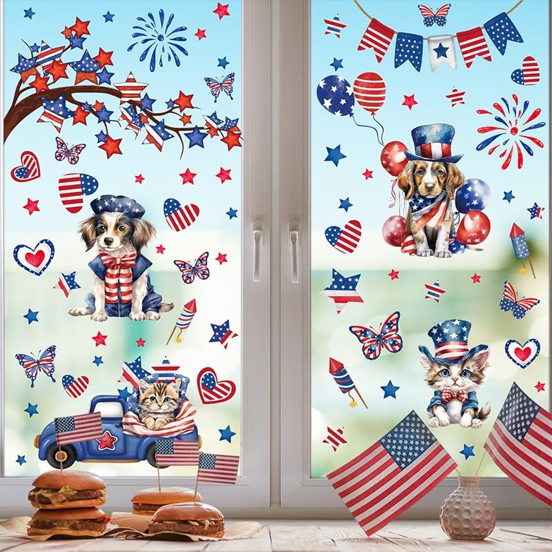 AhfuLife USA 4th of July Window Clings for 250 Years Anniversary, 9 Sheets America Patriotic Themed Window Stickers for Independence Day, Home Office Party Decorations(Style A)