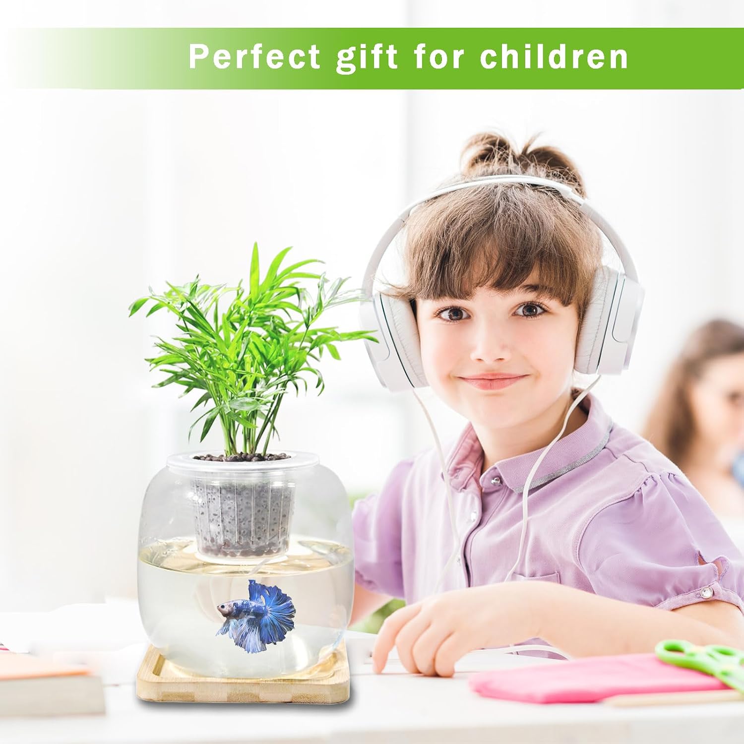 Betta Fish Bowl Glass Small Fish Tank with Bamboo Stand, Plant Propagation Station Hydroponic Terrarium with Lid beta