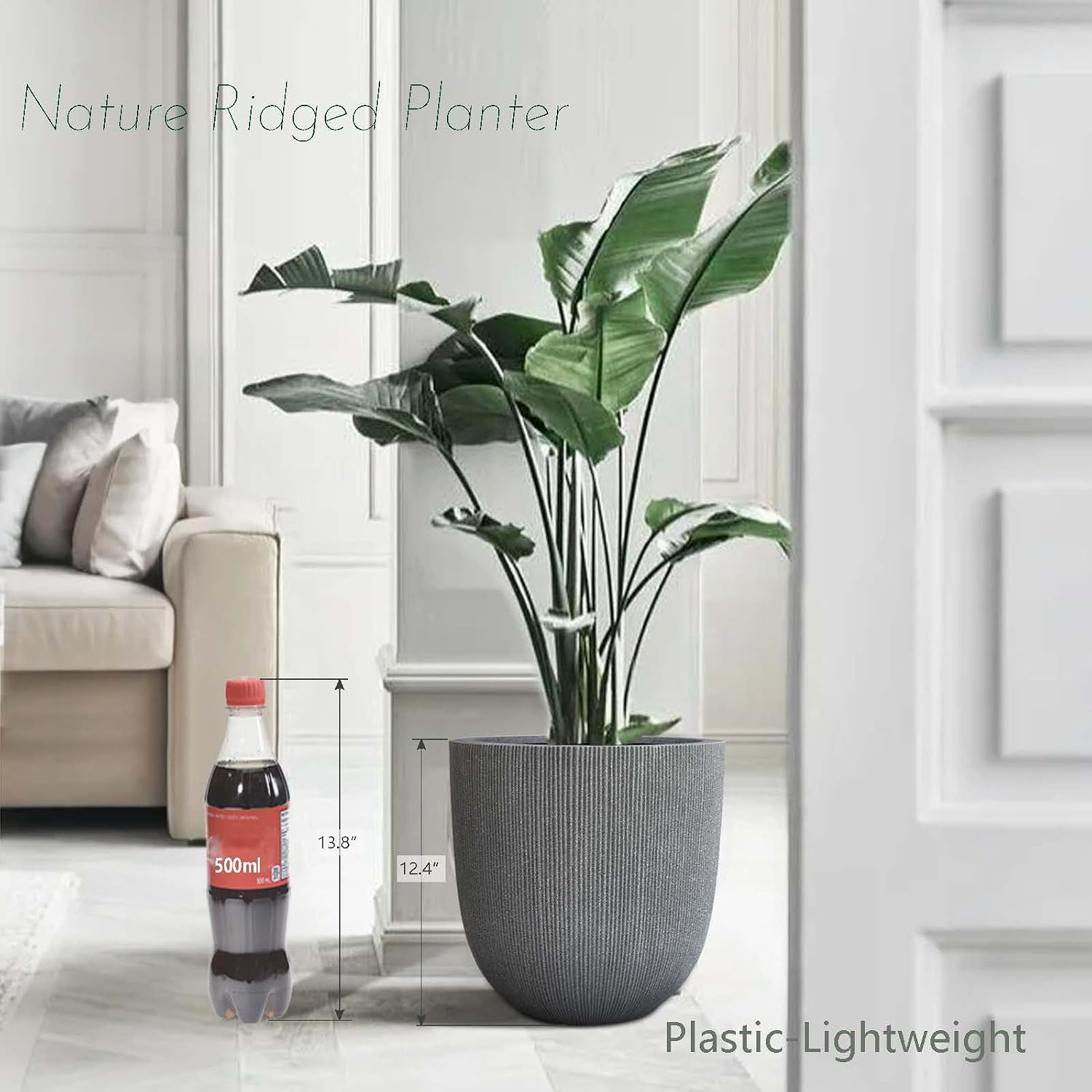 12.4"H Tapered Ribbed Lightweight Plastic Planter w/ Drainage Hole & Plug | Durable & Weatherproof, Indoor Outdoor Use