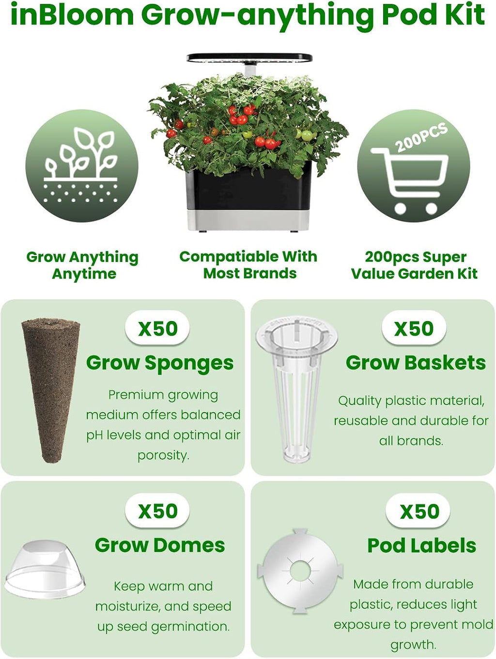 inbloom Grow Anything Seed Pod Kit for AeroGarden, Ahopegarden, GARDENCUBE, iDoo, MUFGA Hydroponic Growing System, 200