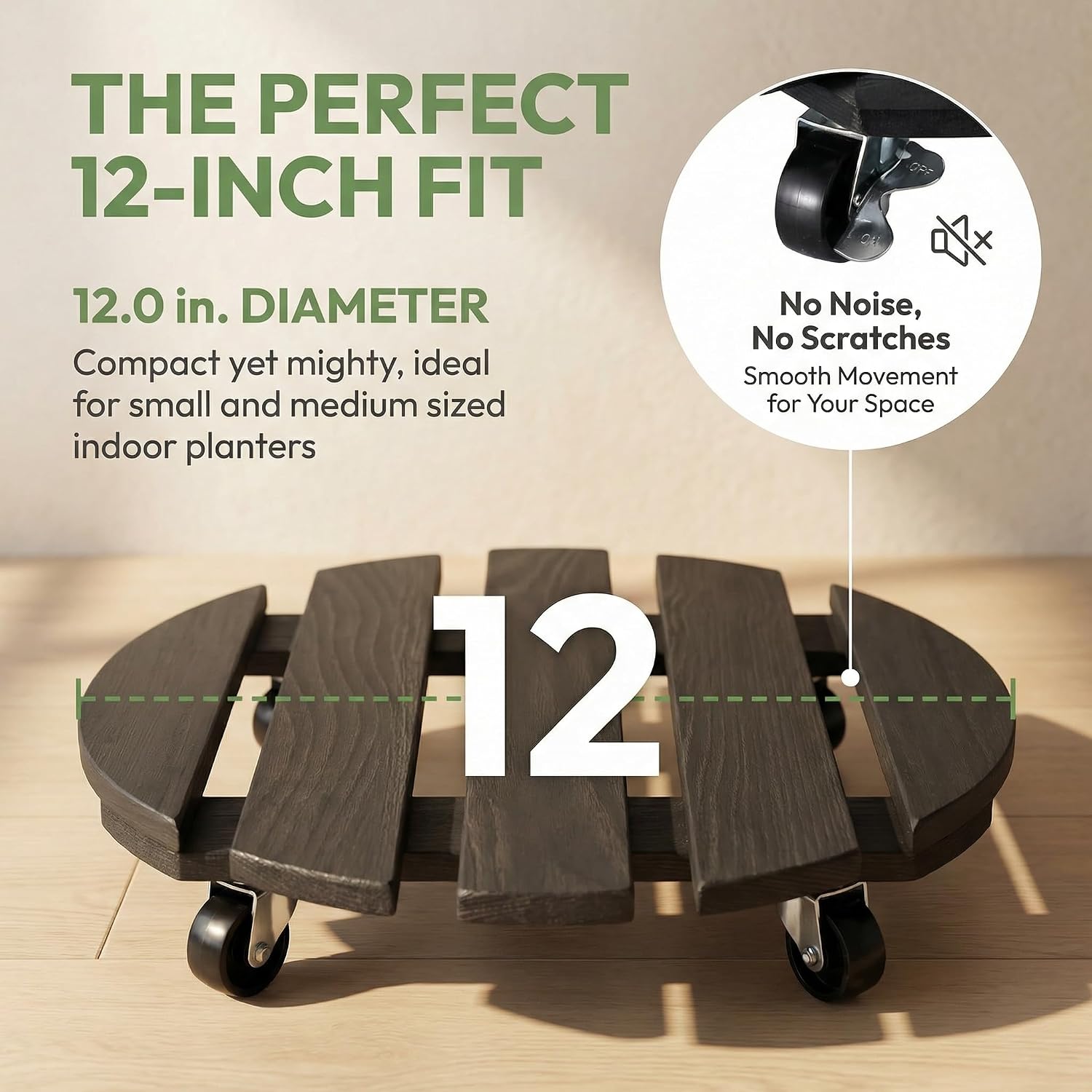 Plant Caddy with Wheels, 12 Inch Rolling Plant Stand, 2 Pack, Black | Heavy Duty Wooden Plant Dolly with Locking