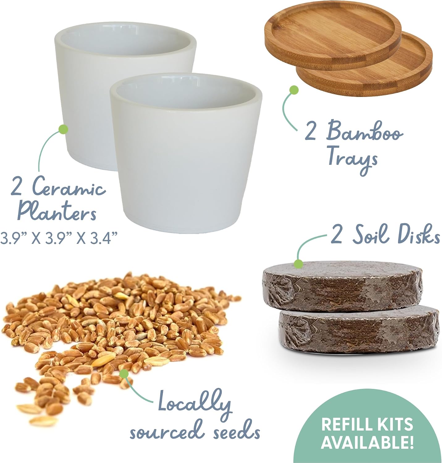The Cat Ladies Cat Grass Growing kit with Organic Cat Grass Seed, Soil and Two Ceramic Planters with Bamboo Trays