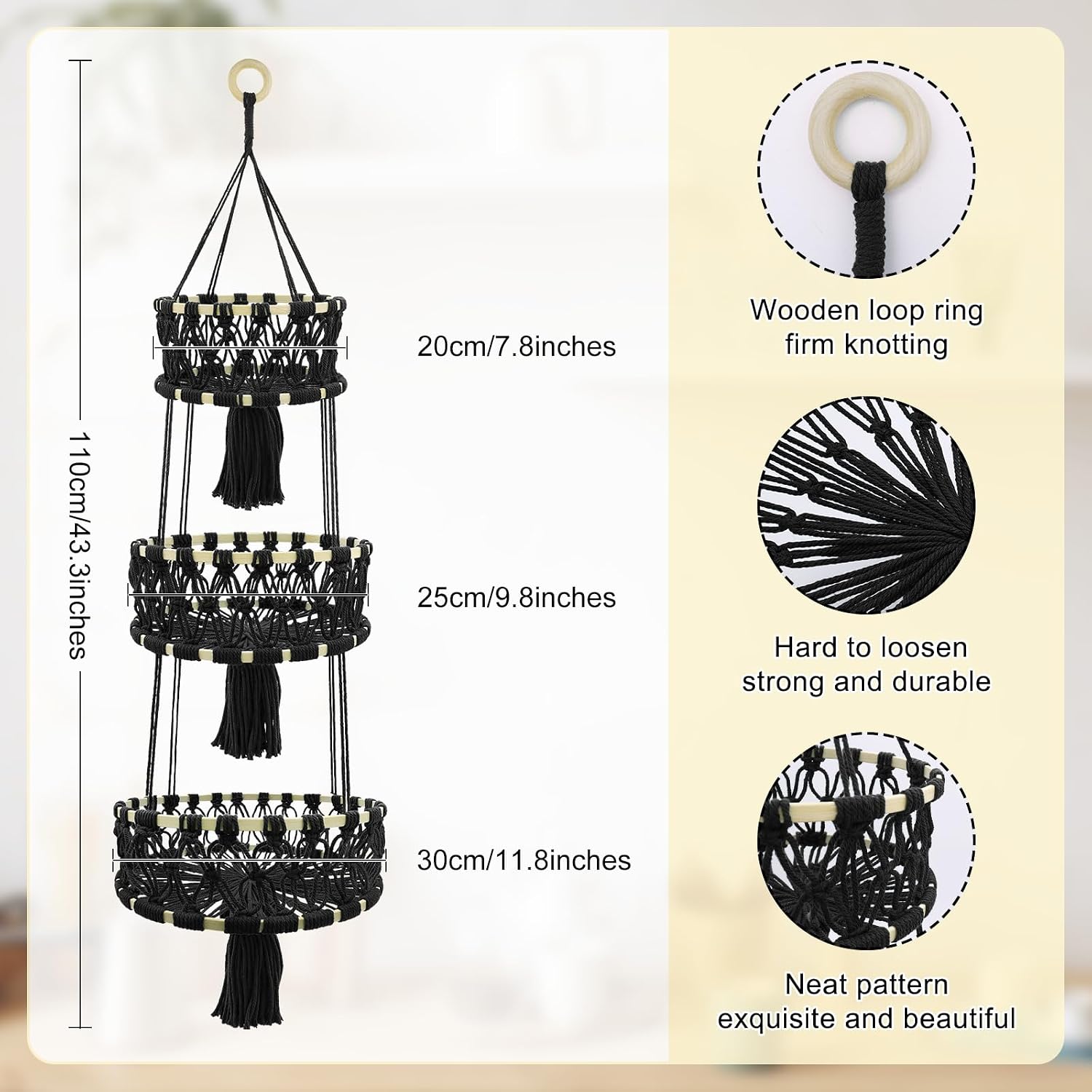 3-tier Hanging Fruit Baskets for Kitchen, Woven Cotton Rope Fruit Hammock, Macrame Hanger Holder for Fruit Vegetable