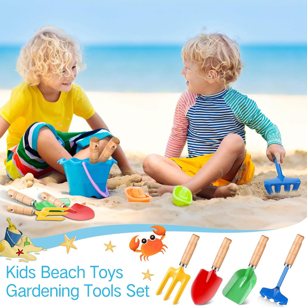 24 Pcs 8" Kids Gardening Tools, Metal Beach Sandbox Digging Toys with Wooden Handle, Including Shovel, Rake, Fork and