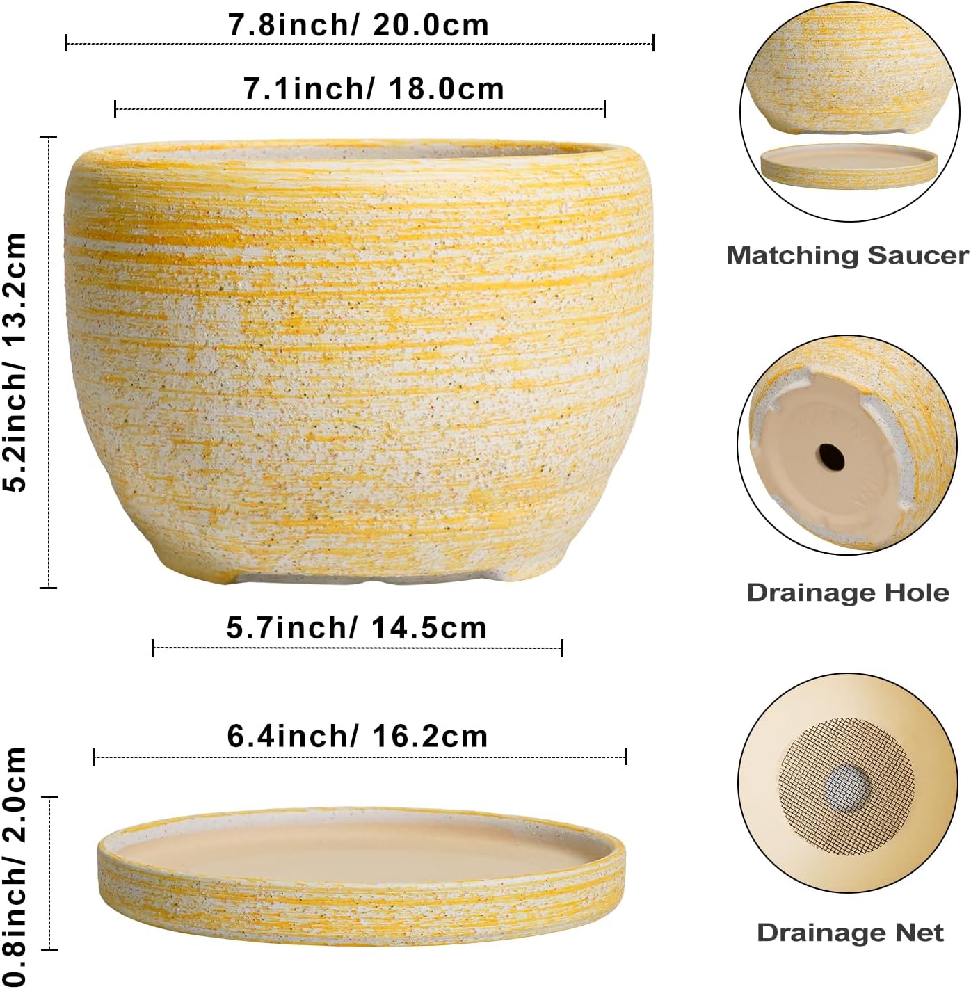 SQOWL Ceramic Flower Pots - 8 inch Plant Pot Indoor with Drainage Hole and Saucer, Modern Ceramic Planter Outdoor