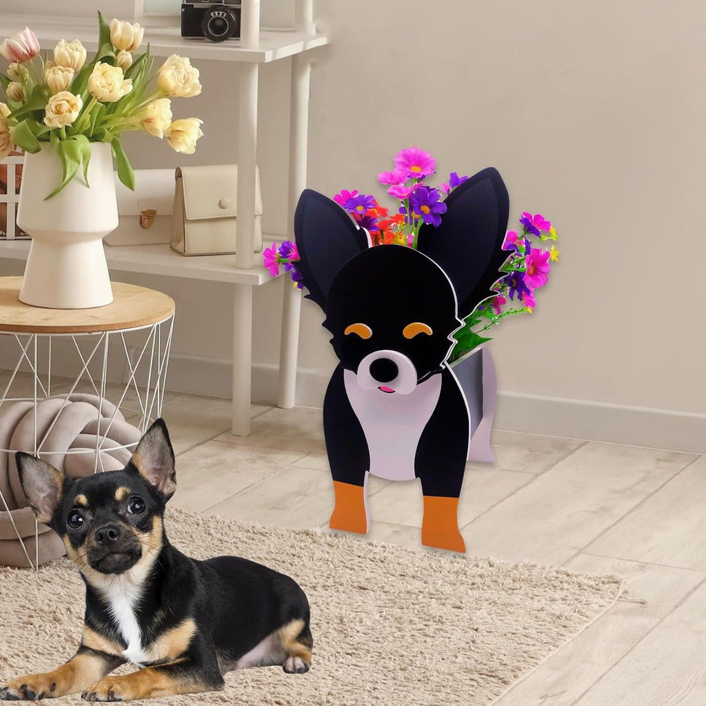 Black and White Chihuahua Dog Planter, Animal Shaped Flower Pot | Cute Plant Gift for Women and Pet Lovers, Indoor