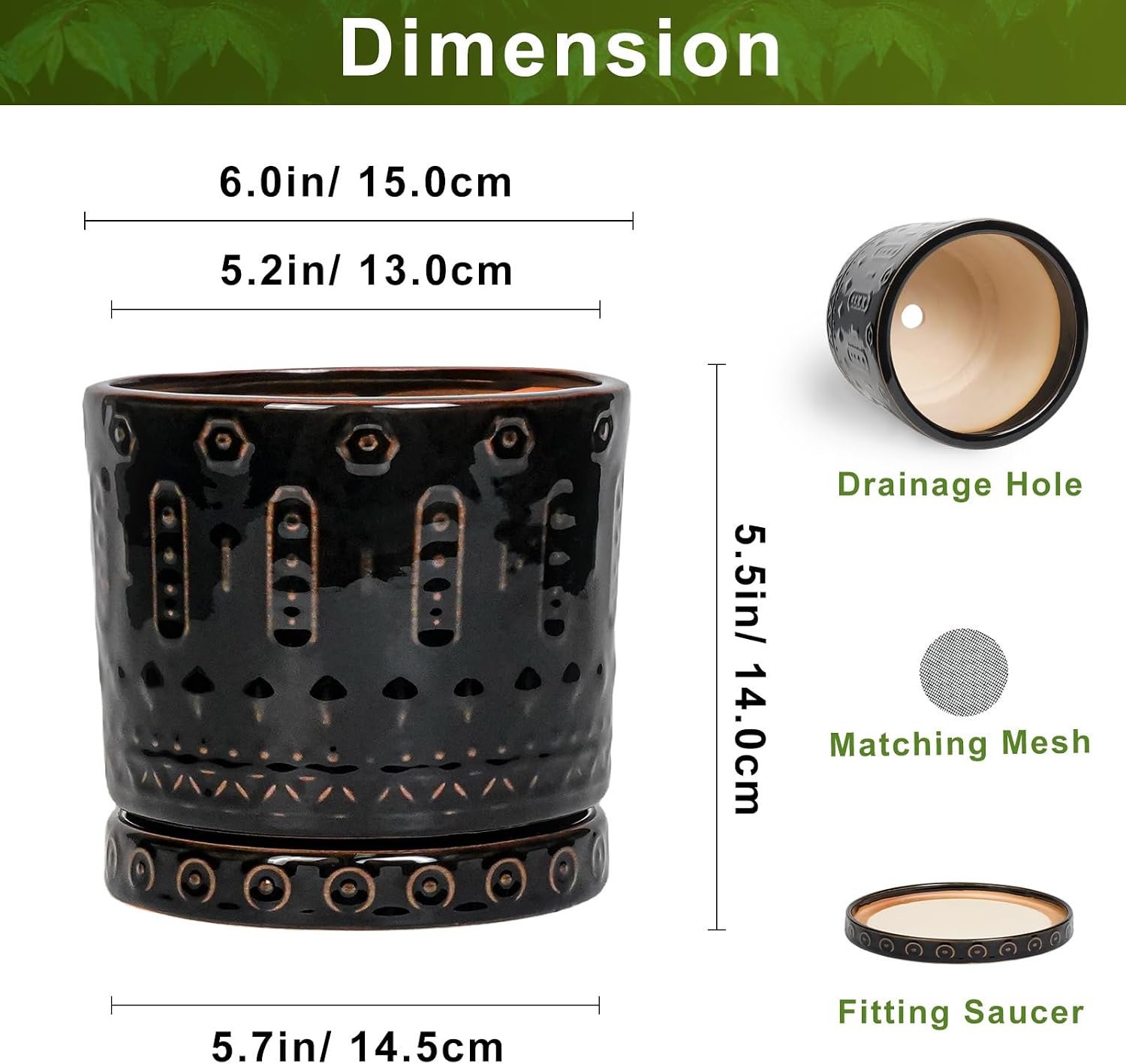 Eightpot 6 Inch Plant Pot, Ceramic Pots for Plants with Drainage Hole and Saucer, Round Planter for Indoor Outdoor