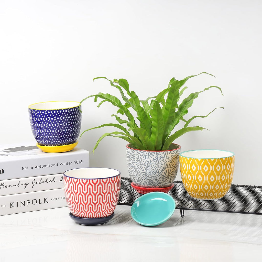 Selamica Ceramic Plant Pots, 4.6 Inch Flower Pots for Indoor Plants, Succulent Pots with Drainage Hole & Saucer