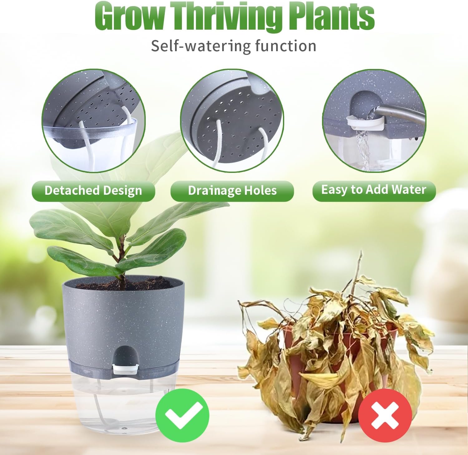 6" Self Watering Pots for Indoor Plants, 6pk Grey w/Drainage Saucers | w/ 1 Free Spray Bottle, Plastic Planters for